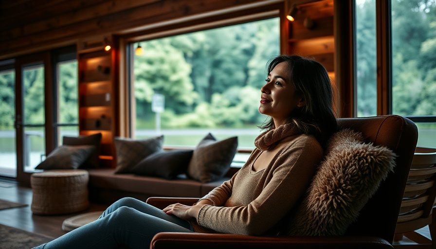 Woman in a river house interior enjoying decor with natural view.