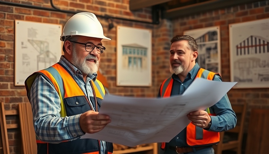 Experienced construction worker and colleague discuss blueprints in a brick interior.
