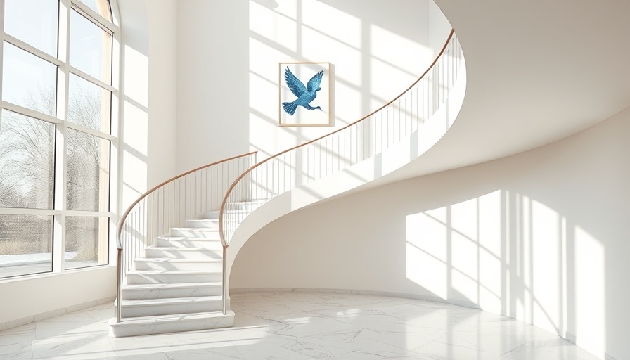 Elegant staircase with blue bird art in soft natural light.