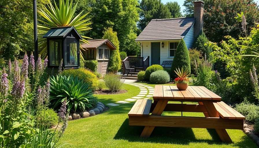 Charming garden with picnic spot and greenery under sunlight.