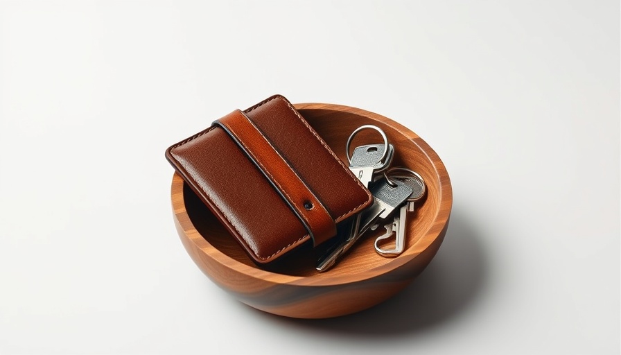 Minimalist wooden bowl holding wallet and keys, ideal Father's Day gifts for design-minded dads.