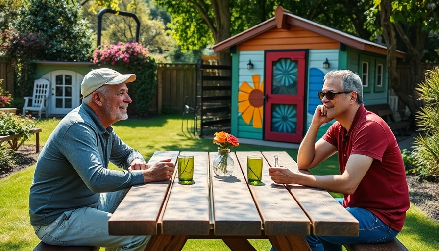 People enjoying a backyard picnic table setting.