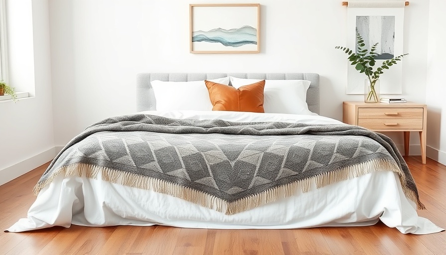 Modern bedroom showcasing eclectic bedding trend with geometric throw.