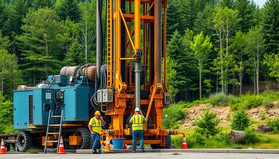 Geothermal drilling rig in a school green space with workers.