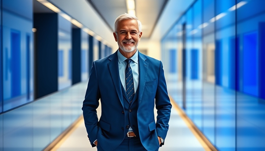 Professional man in blue suit in modern hallway, home improvement setting.