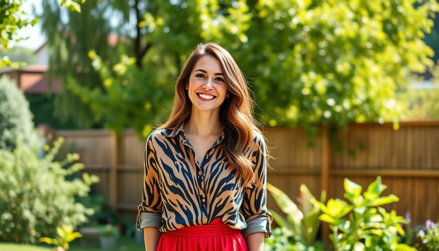 Woman enjoying a garden setting in casual attire with vibrant nature.
