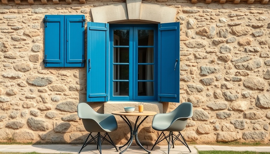 Rustic facade with window and outdoor table set in natural light.