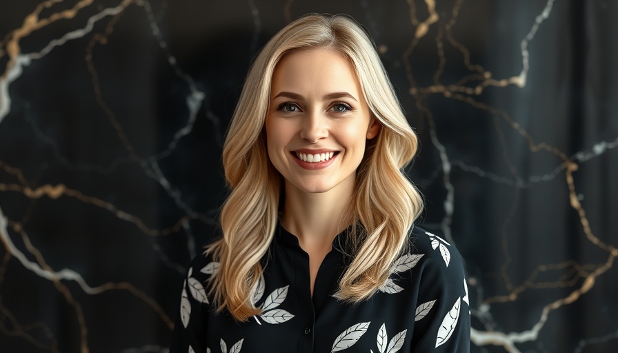 Smiling woman in patterned blouse near marble wall.
