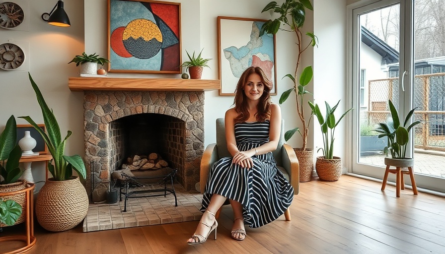 Scandinavian design home decor with vibrant elements and a seated woman.