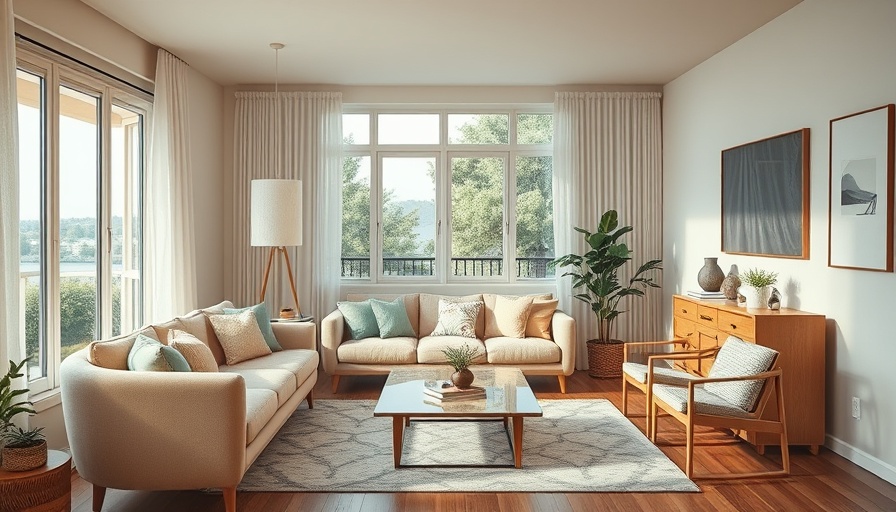 Modern living room with vintage decor, bright window view.