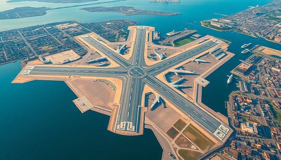 Aerial view of an airport surrounded by water and city.