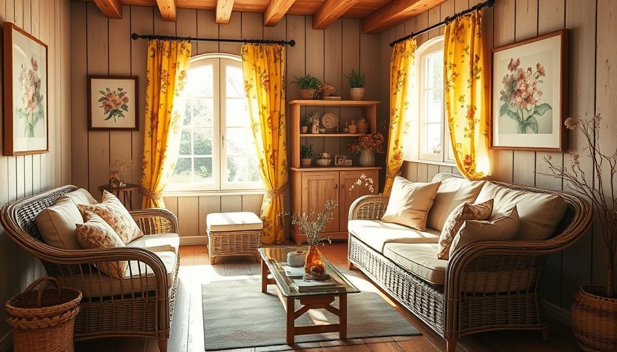 Rustic living room with wicker furniture and floral art; Atelier Vime Provence revival.