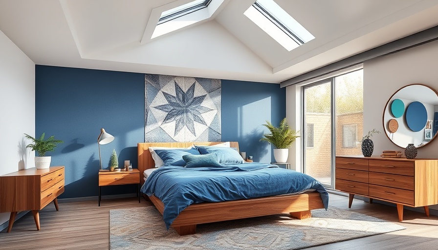 Contemporary bedroom with blue accent wall and skylight.