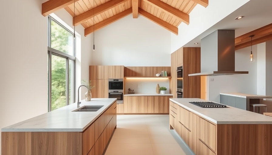 Modern kitchen with soapstone countertops and wood accents.