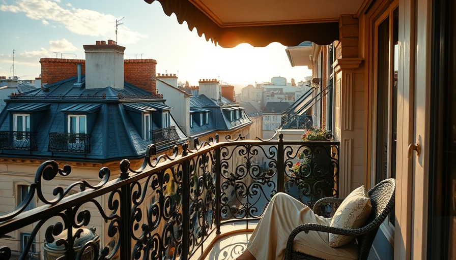 Elegant balcony scene in Paris showcasing cityscape views.