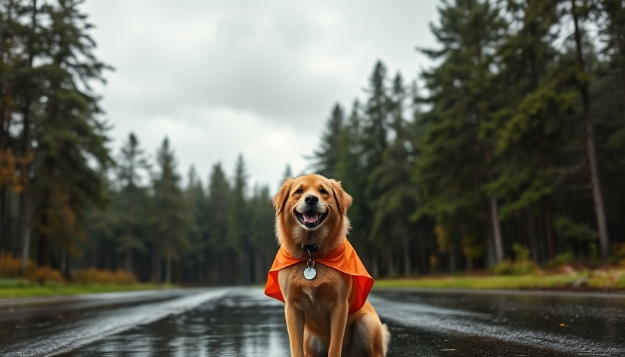 Woman in raincoat with dog in forest setting