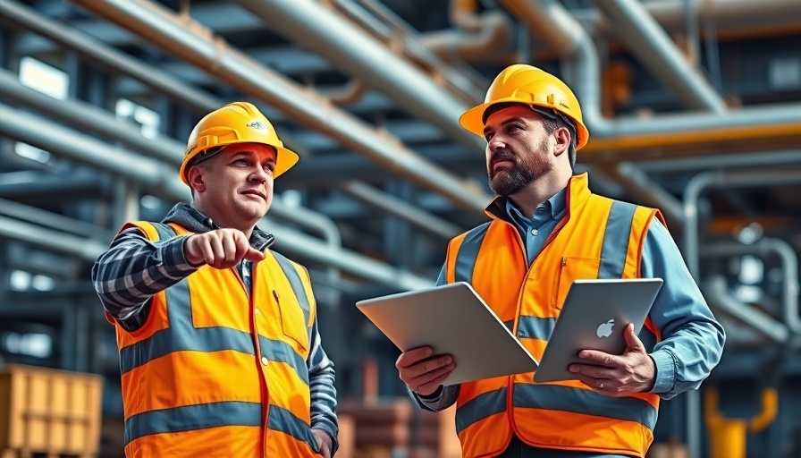 Construction workers discussing labor costs on site with equipment overhead.