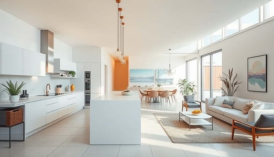 Modern kitchen design with pastel accents in living area.