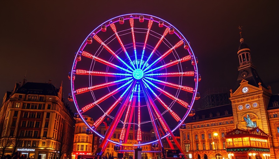Bright Christmas lights decoration on Ferris wheel at night.