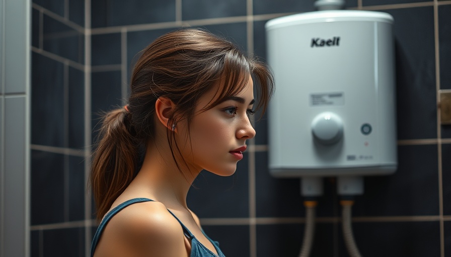 Young woman in front of water heater with safety text.
