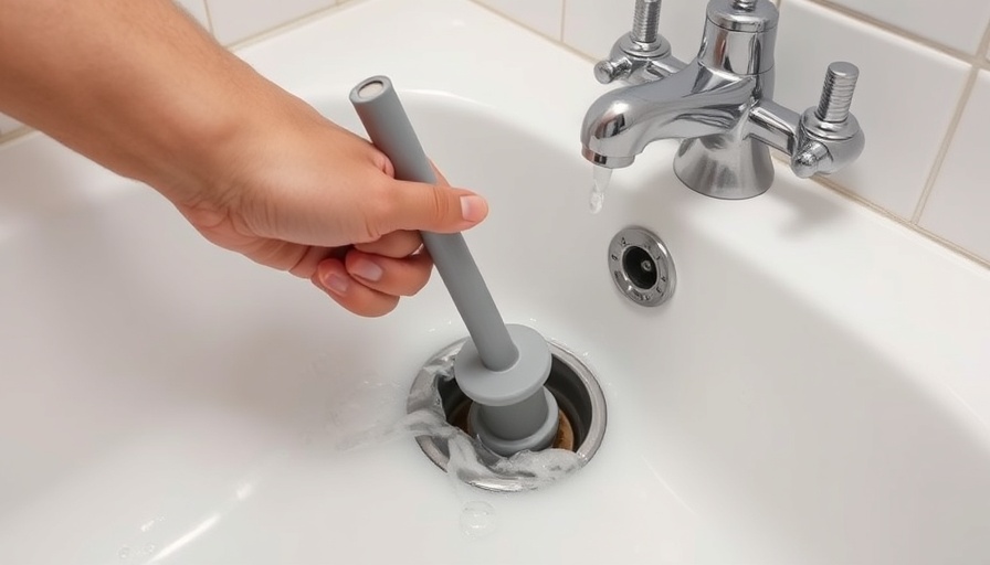 Close-up of unclogging a bathtub drain with a plunger.