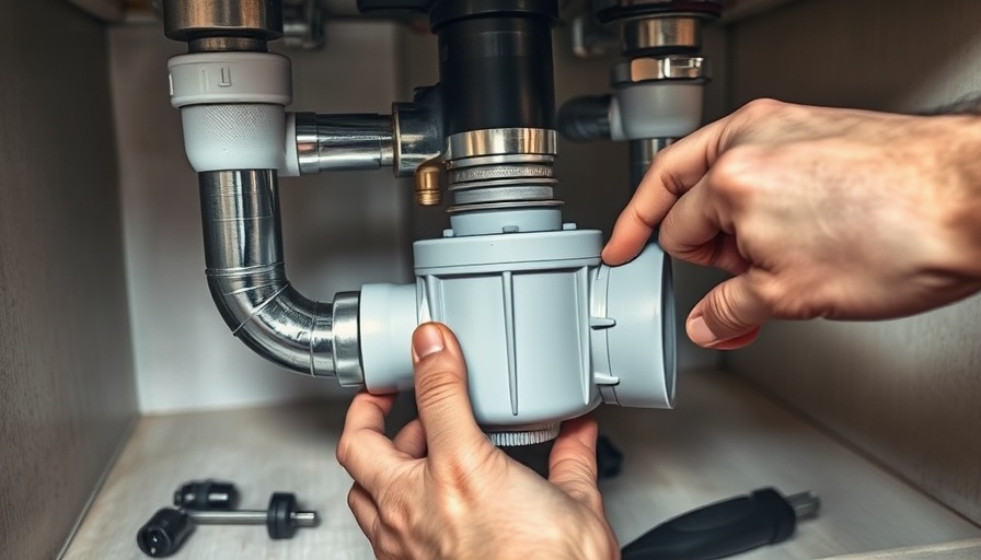 Close-up of removing a garbage disposal under a kitchen sink.