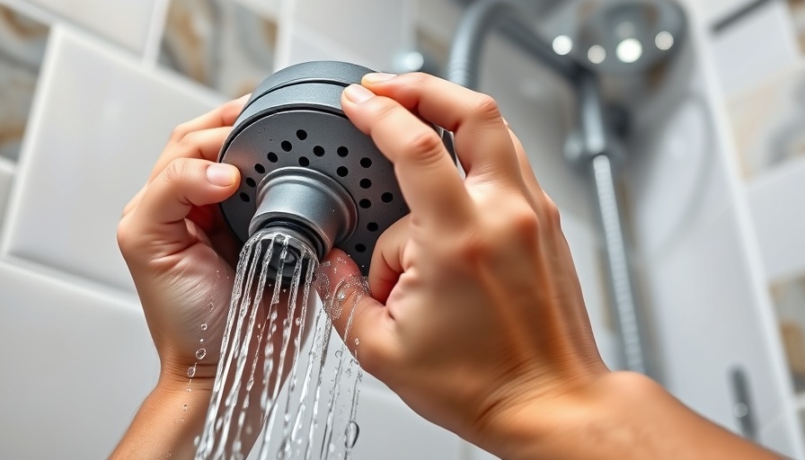 Hands removing a shower head with a wrench in a tiled bathroom.
