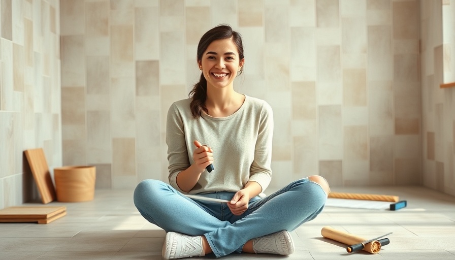 Woman DIY tiling project tips, casual and confident.