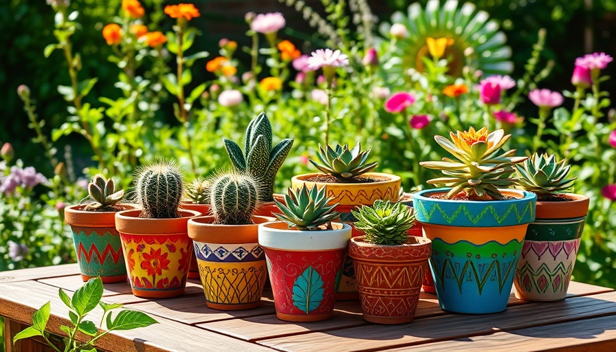 Vibrant DIY painted pots surrounded by garden greenery, easy DIY projects for the summer.
