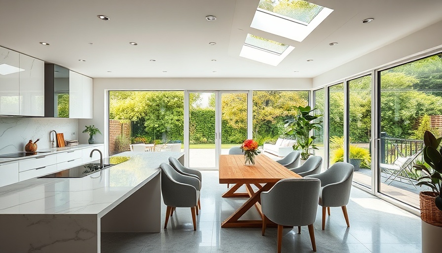 Modern open-plan kitchen with garden view through glass doors.