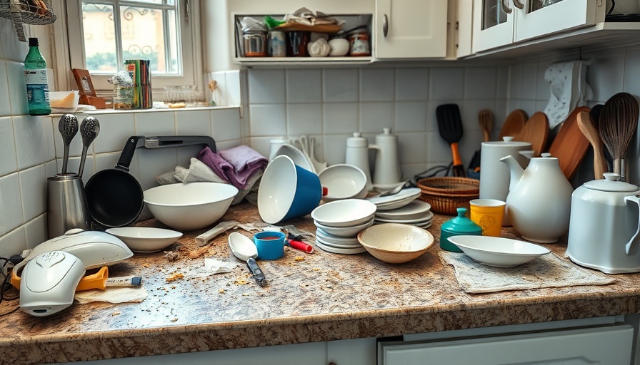 Cluttered kitchen counter showcasing dirtiest places in your home.