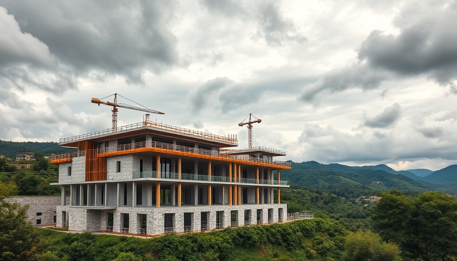 Modern building construction with green landscape.