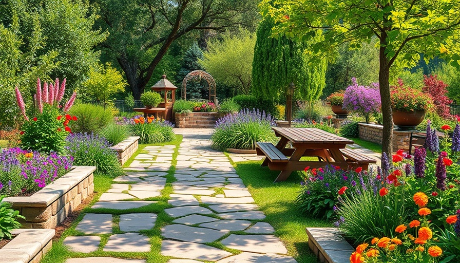 Charming summer garden showcasing lush landscaping and stone paths