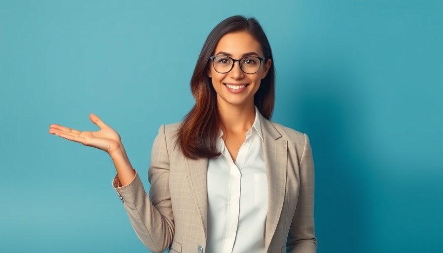 Professional woman speaking against a blue background.