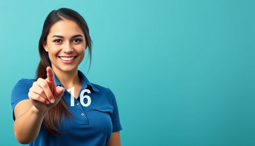 Smiling woman presenting contact info for Five-Star Chiropractic Care Montgomery.
