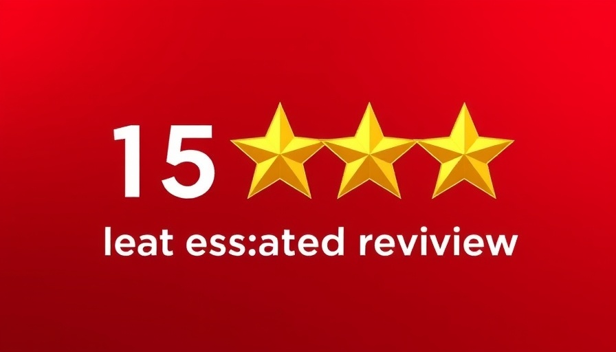 Five-star review for real estate service with red and gold theme.