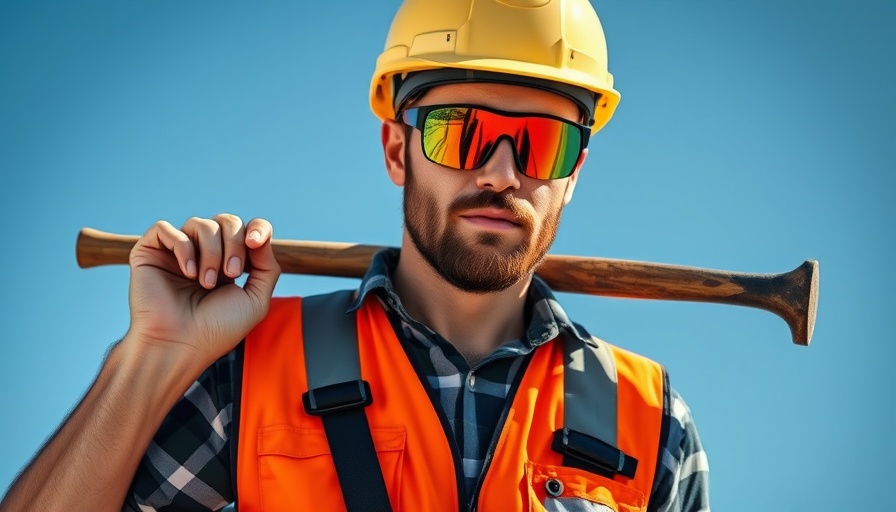 Construction worker in safety gear holding sledgehammer.