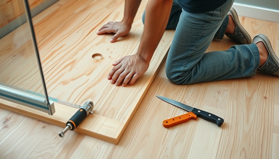 DIY guide on how to build a shower curb, featuring tools and wooden planks.