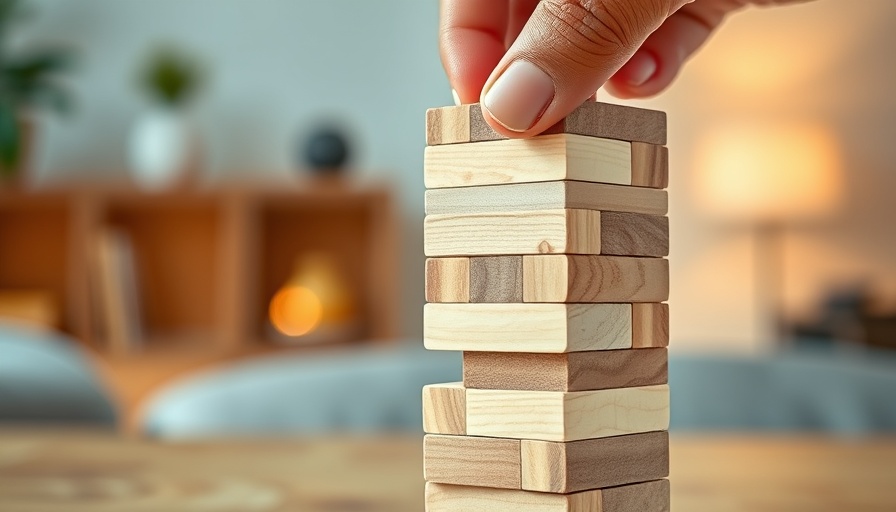 Close-up of hand taking risk with Jenga block in warm indoor setting.