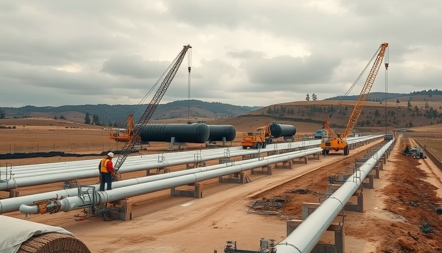 Arizona gas pipeline project with cranes and workers.