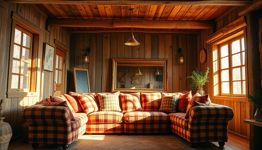 Rustic interior with wooden walls and checkered couch, kitchen remodeling theme