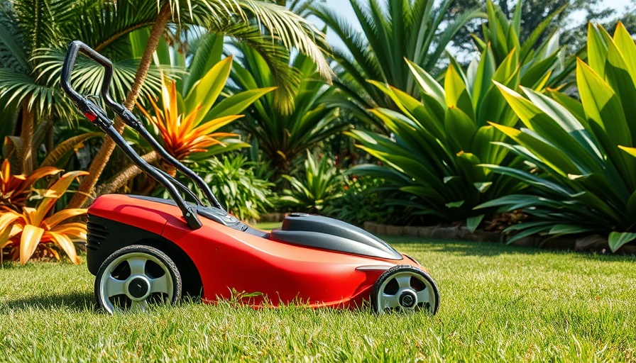 Modern lawnmower in a sunny Cape Coral garden.