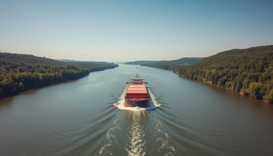 Aerial view of a cargo barge on a river surrounded by lush forests.