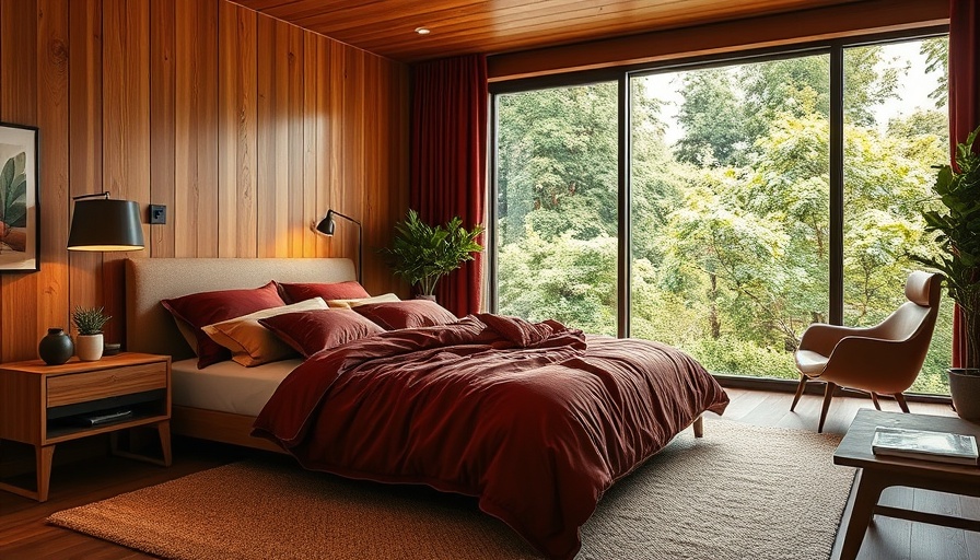 Cozy bedroom design trends 2025 with plush bedding and natural views.