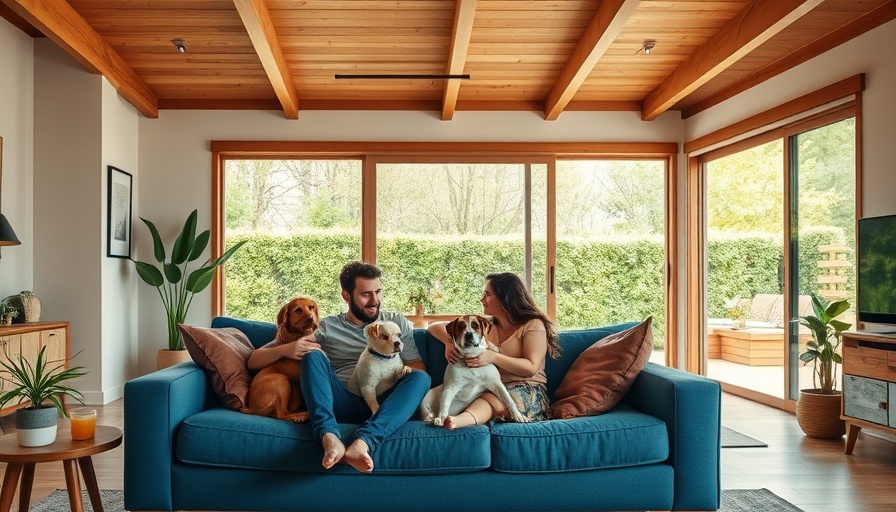 Mid-century modern living room with couple and dogs, work from home ambiance.