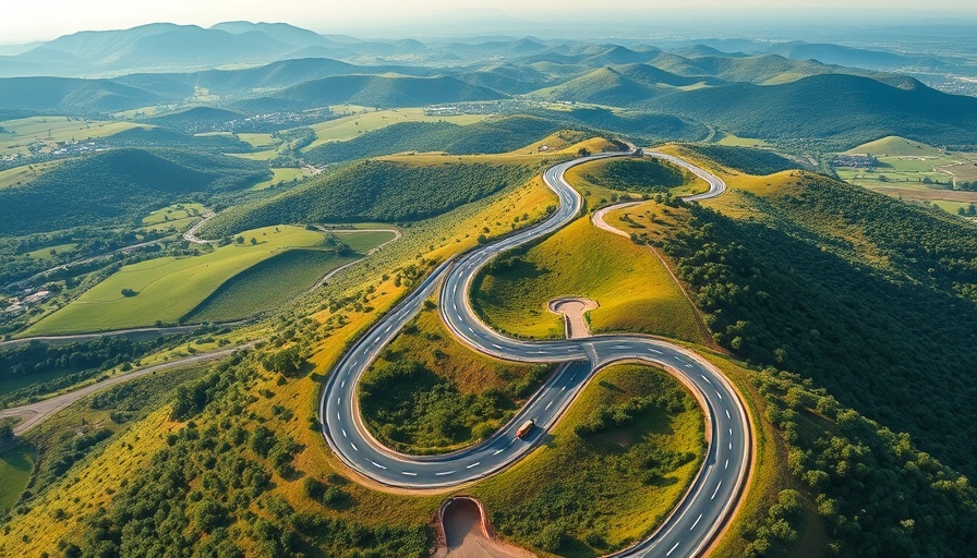Aerial view of a winding highway with hills and greenery.