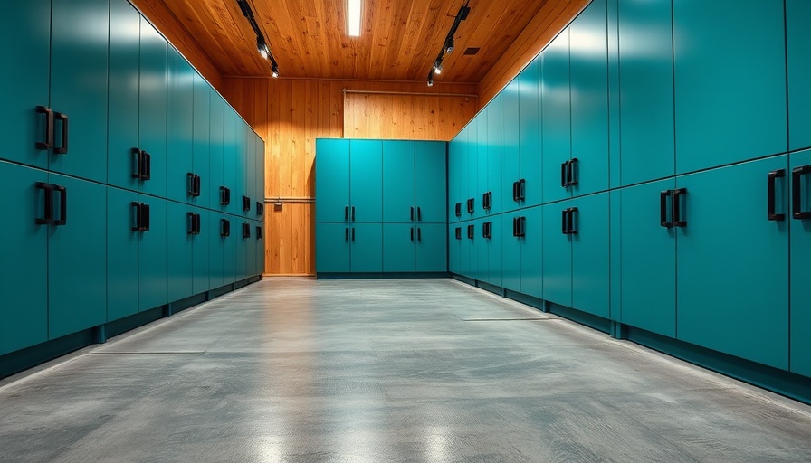 Modern storage room with teal cabinets and painted concrete floor tips.