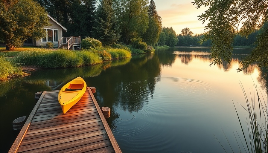 Serene lakeside garden scene with dock and kayak for garden design ideas.