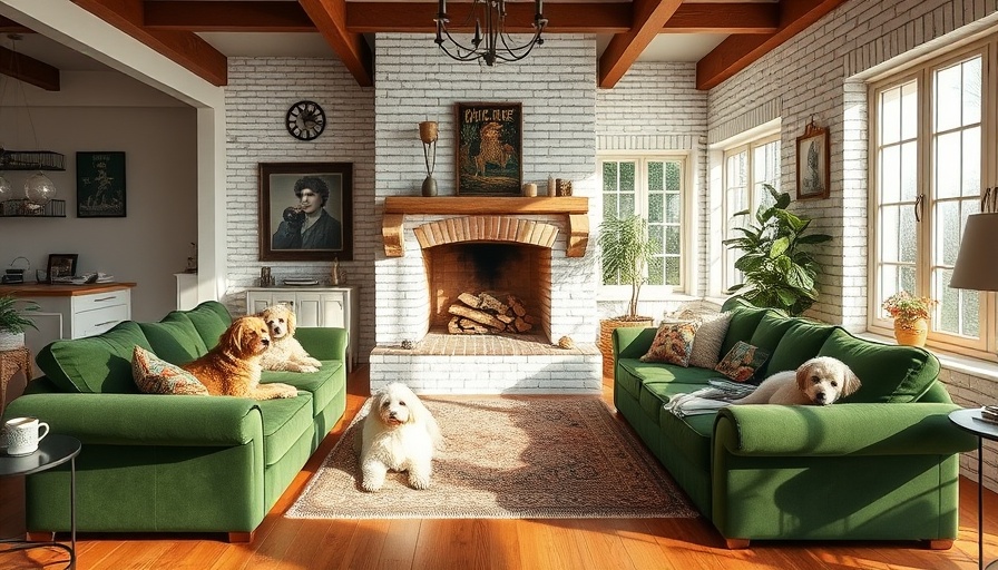 Cozy living room with green sofas and fireplace, featuring a Gateway Fall Sweater aesthetic.