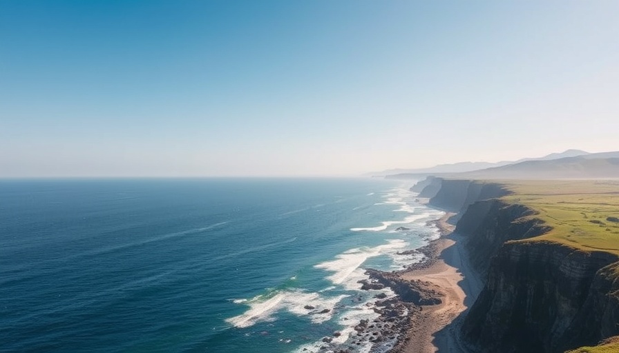 Expansive coastal view highlighting rocky shoreline and green cliffs.